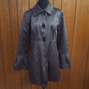 NWOT Bebe Gray Satin Trench Coat with Bell Sleeves